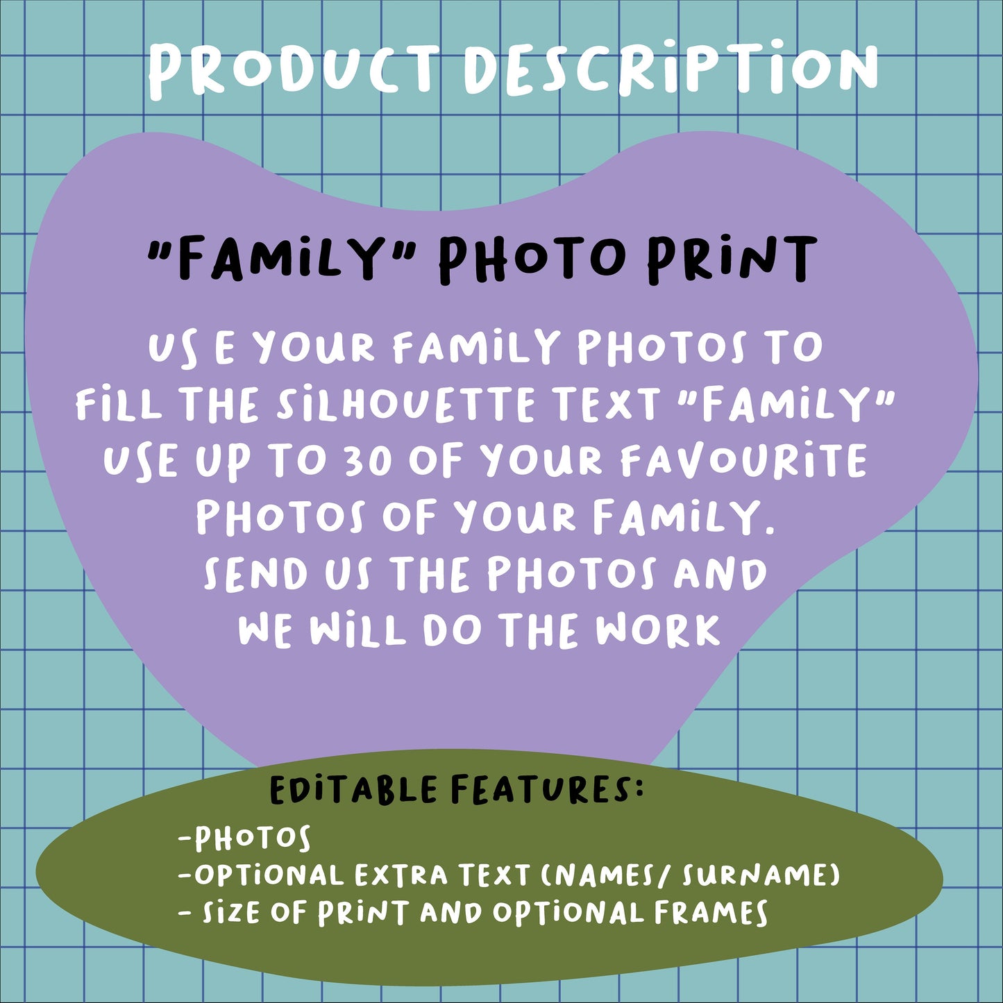 Family Photo Print- "Family" shape- With name- Personalised- Custom print- Digital- A4- A3- Framed- family Print- Home Decor