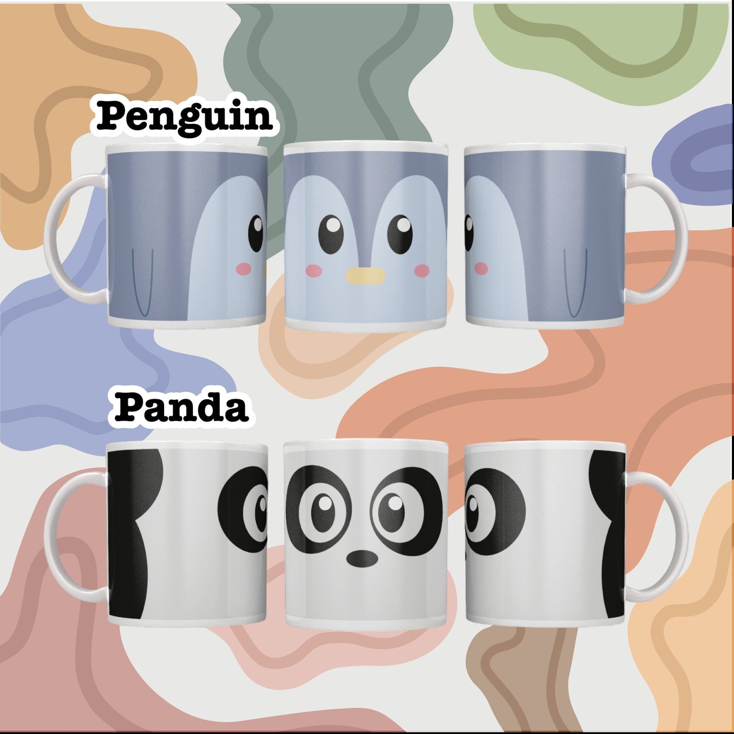 Animal Mugs - Cartoon Animal - Hand Made - Sublimated - Highland cow - Duck - Penguin - Frog - Cat - Tiger - Panda - Custom