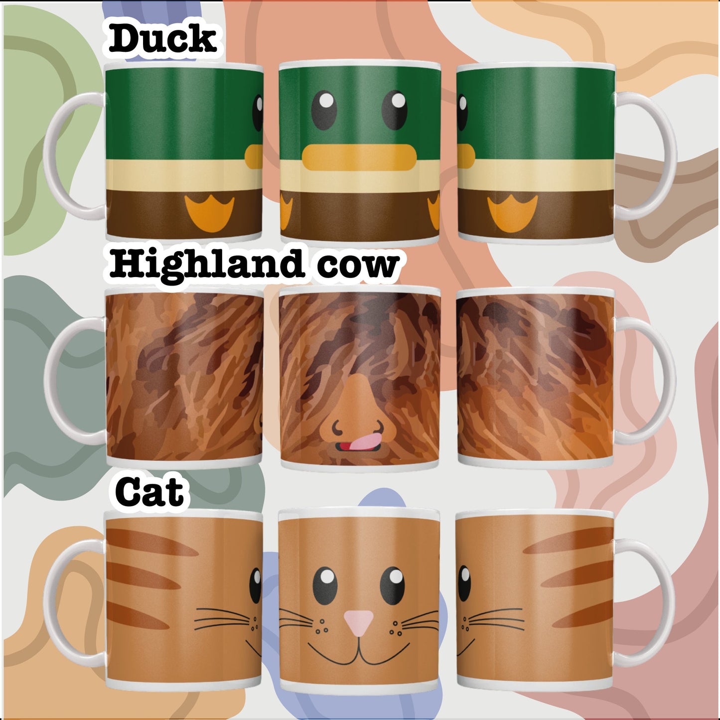 Animal Mugs - Cartoon Animal - Hand Made - Sublimated - Highland cow - Duck - Penguin - Frog - Cat - Tiger - Panda - Custom