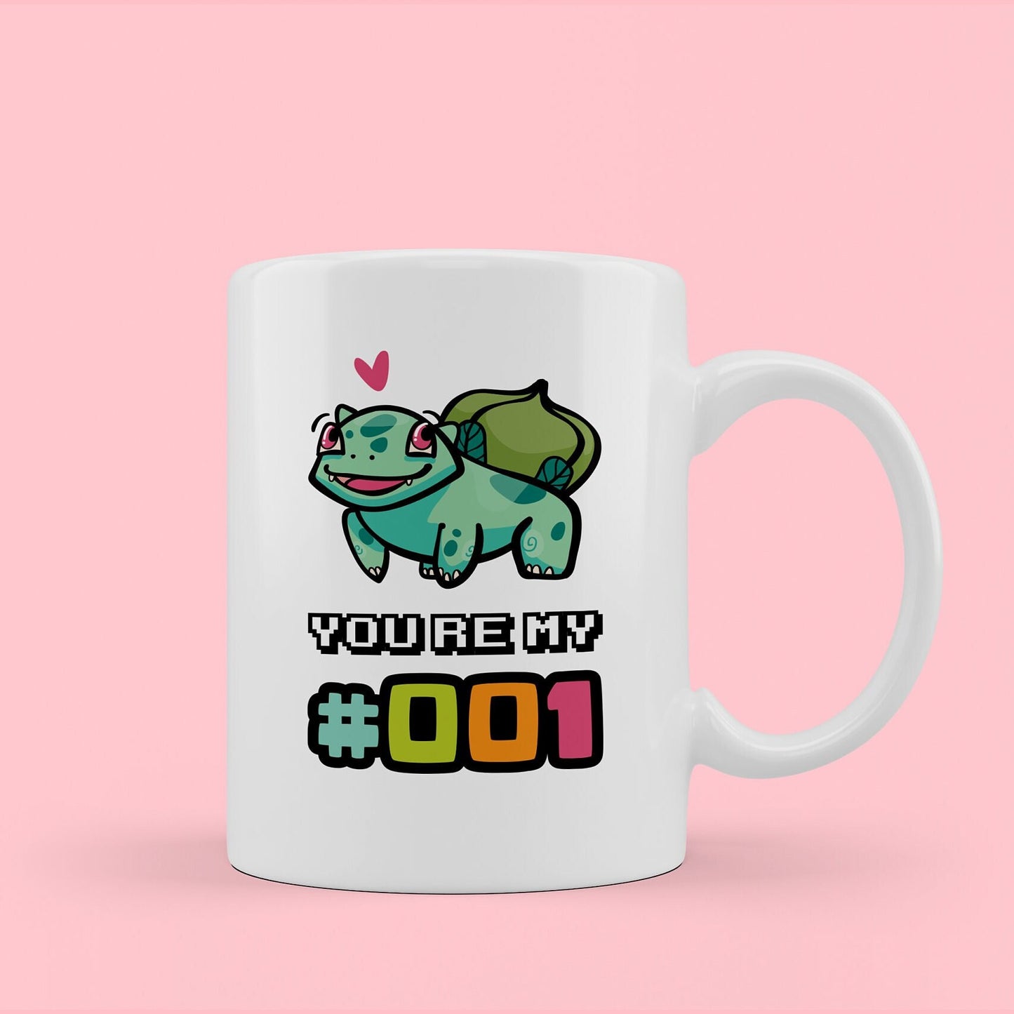 pokemon mug. text reads - you're my number 001. cute illustration of bulbasaur above with love heart