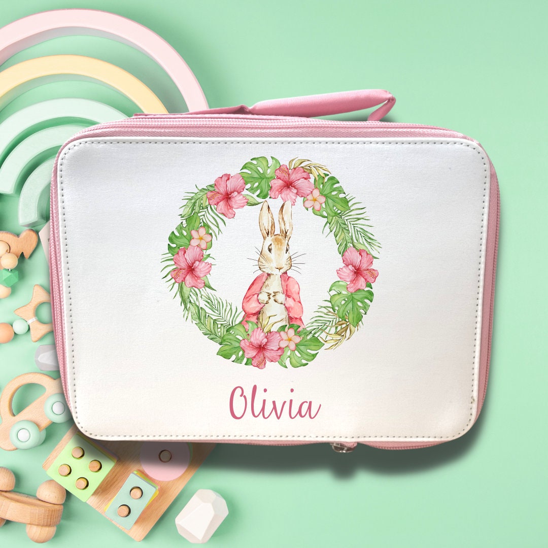 Custom Pink Rabbit Lunchbox Lunchbag Cooler with Zip - School / Work / Child / Adult - Personalise with Name