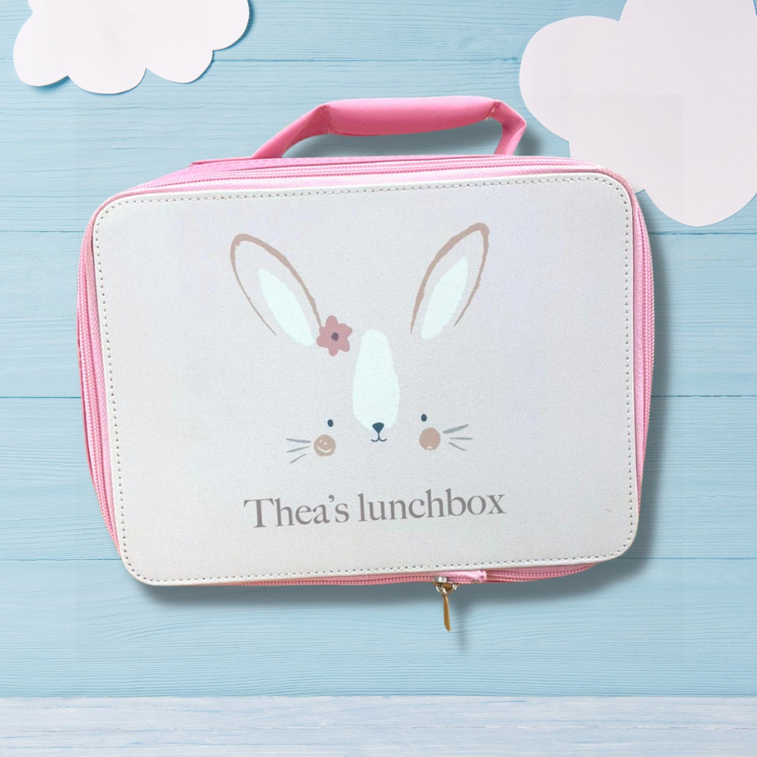 Custom Pink Rabbit Lunchbox Lunchbag Cooler with Zip - School / Work / Child / Adult - Personalise with Name