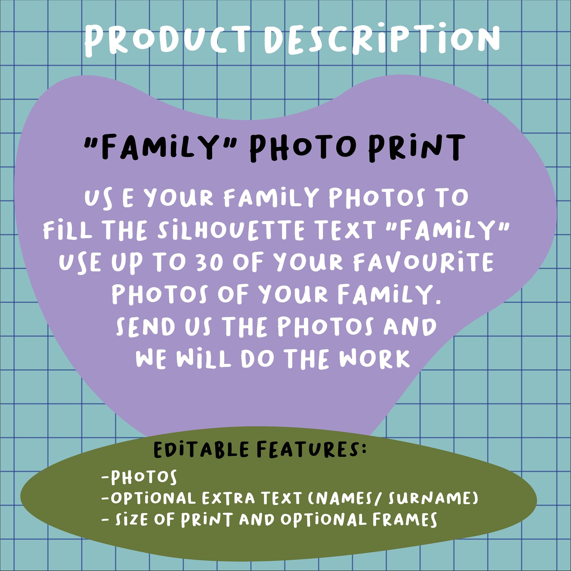 Family Photo Print- "Family" shape- With name- Personalised- Custom print- Digital- A4- A3- Framed- family Print- Home Decor
