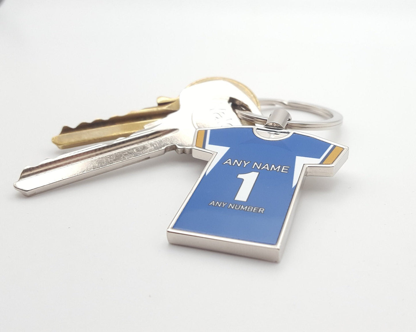 Personalised Any Colour Football Shirt with Any Name and Number Metal Keyring or School Bag tag Gift