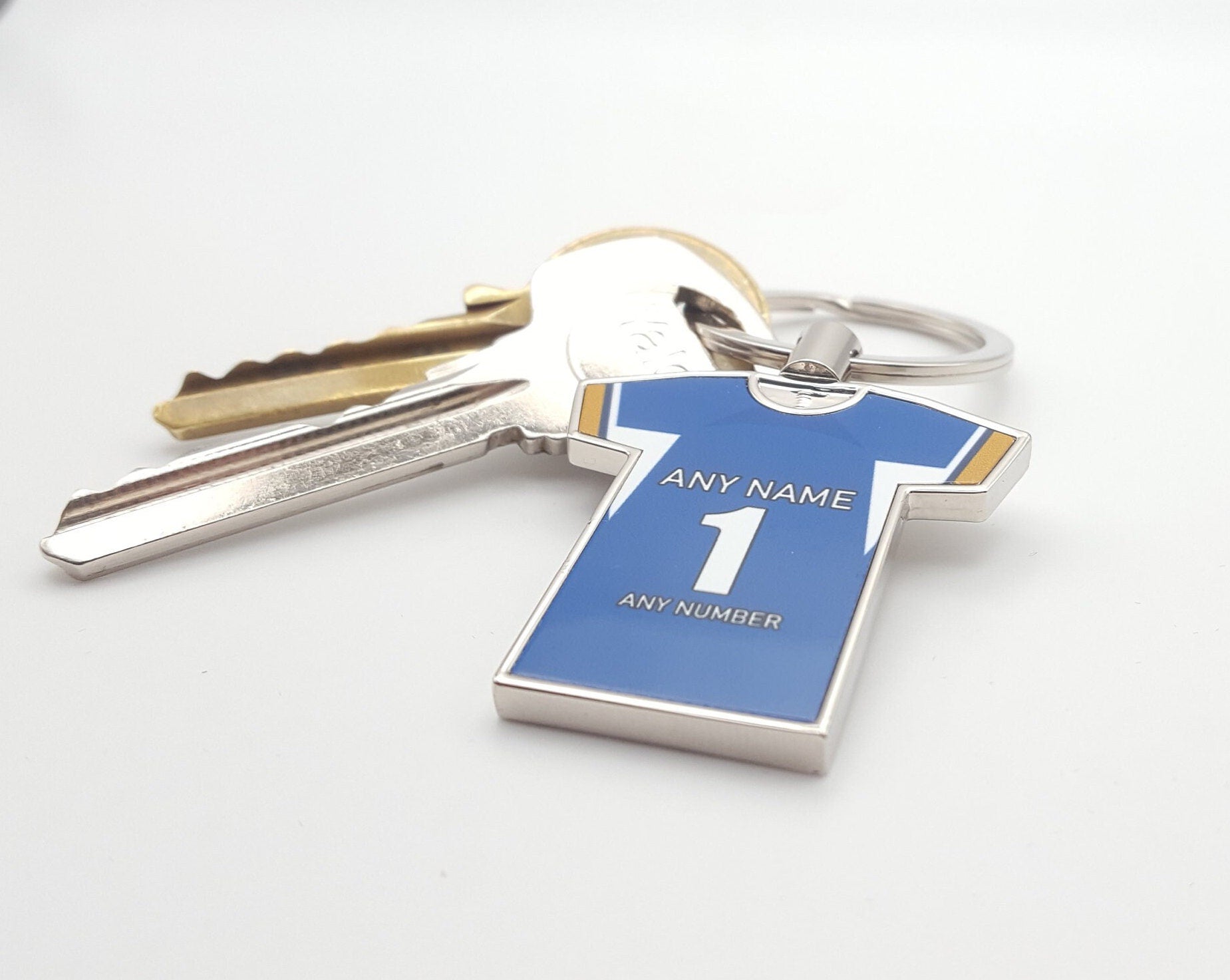 Personalised Any Colour Football Shirt with Any Name and Number Metal Keyring or School Bag tag Gift