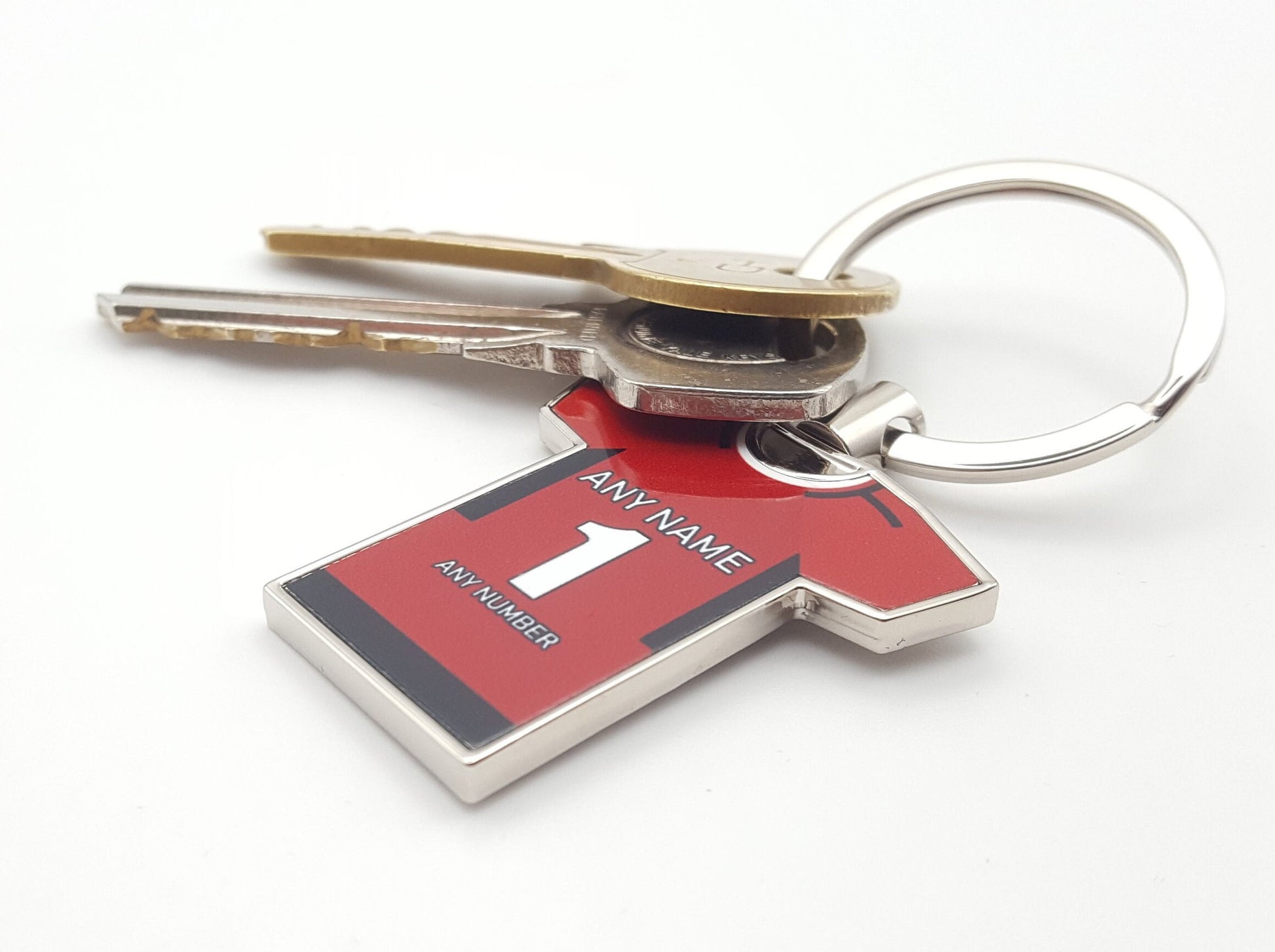 Personalised Any Colour Football Shirt with Any Name and Number Metal Keyring or School Bag tag Gift