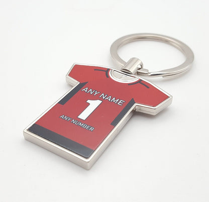Personalised Any Colour Football Shirt with Any Name and Number Metal Keyring or School Bag tag Gift