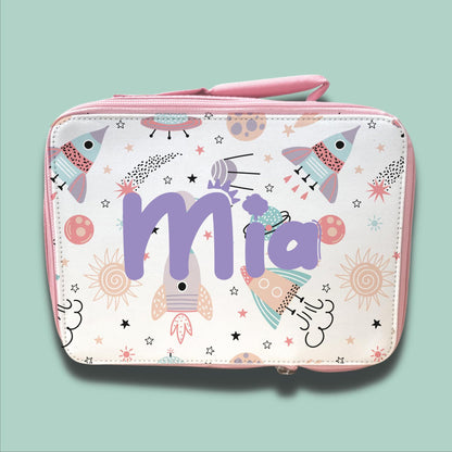 Personalised Children's Lunch Bag | Back to School Lunch Bag | Pink Girls Lunch Bag | Space and Rockets Lunch Bag