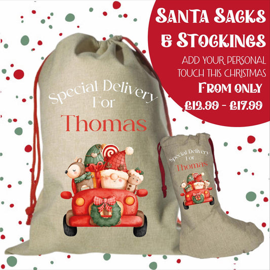 Personalised Santa Sack and Stockings | Santa Sack | Santa Stocking | Presents | Xmas | Customise Name | Special Delivery Santa Car