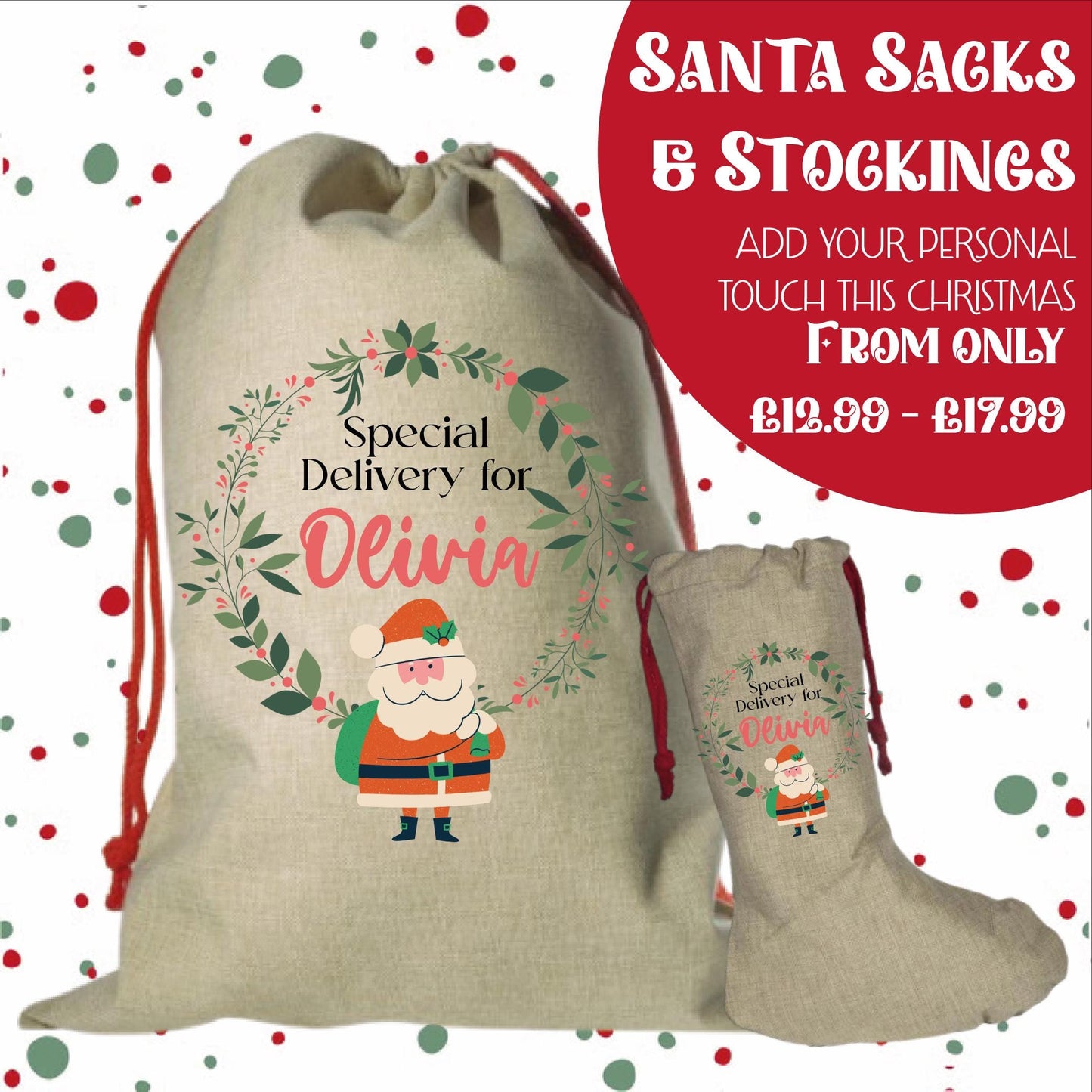Personalised Santa Sack and Stockings | Santa Sack | Santa Stocking | Presents | Xmas | Gifts | Customise Name | Special Delivery