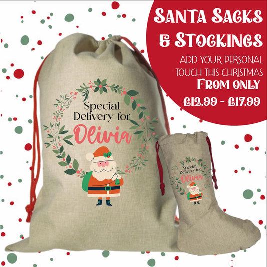 Personalised Santa Sack and Stockings | Santa Sack | Santa Stocking | Presents | Xmas | Gifts | Customise Name | Special Delivery