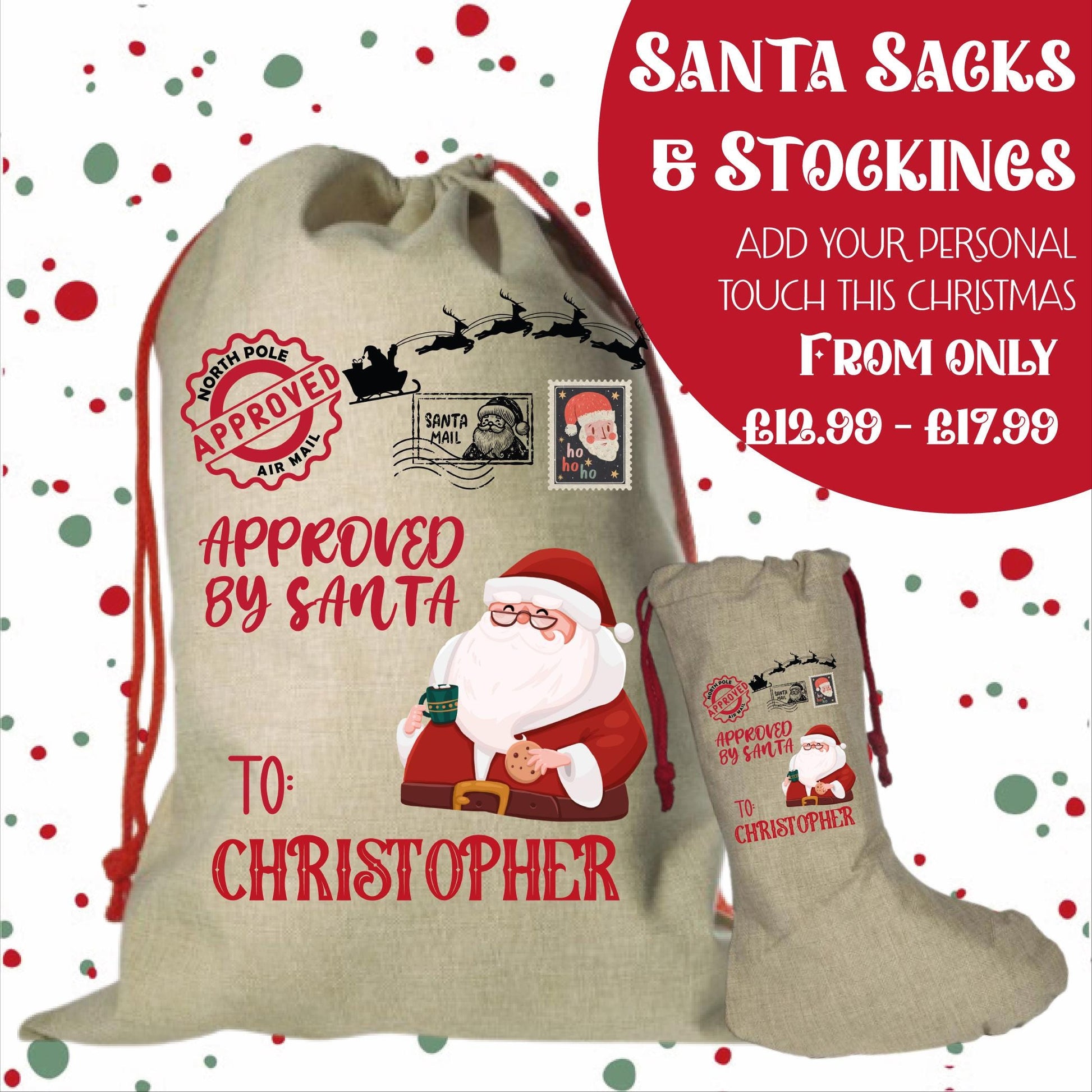 Personalised Santa Sack and Stockings | Santa Sack | Santa Stocking | Presents | Xmas | Gifts | Customise Name | Approved By Santa