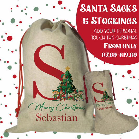 Personalised Santa Sack and Stockings | Santa Sack | Santa Stocking | Presents | Keepsake | Xmas | Custom Name | Letter & Tree