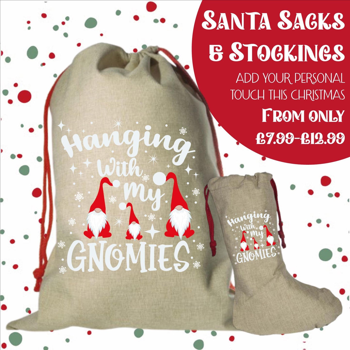 Personalised Santa Sack and Stockings | Santa Sack | Santa Stocking | Presents | Xmas | Customise Name | Hanging with my Gnomies