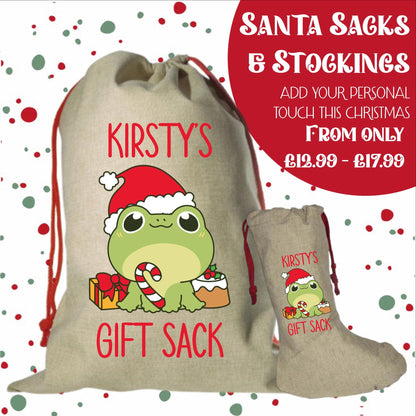 Personalised Santa Sack and Stockings | Santa Sack | Santa Stocking | Presents | Xmas | Gifts | Customise Name | Frog Gift Sack