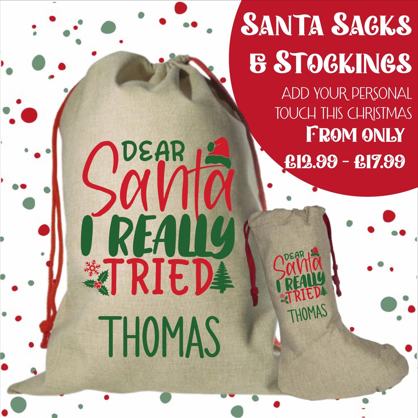 Personalised Santa Sack and Stockings | Santa Sack | Santa Stocking | Presents | Xmas | Gifts | Customise Name | Santa I Tried