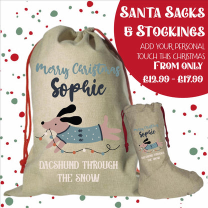 Personalised Santa Sack and Stockings | Santa Sack | Santa Stocking | Presents | Xmas | Customise Name | Dachshund through the snow