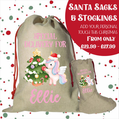 Personalised Santa Sack and Stockings | Santa Sack | Santa Stocking | Presents | Xmas | Customise Name | Special Delivery Unicorn