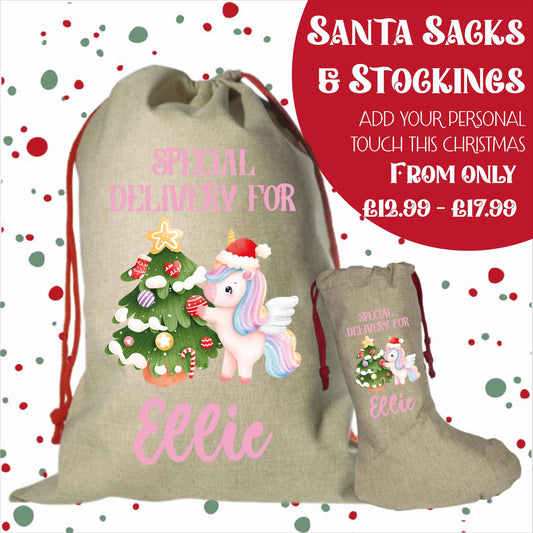 Personalised Santa Sack and Stockings | Santa Sack | Santa Stocking | Presents | Xmas | Customise Name | Special Delivery Unicorn