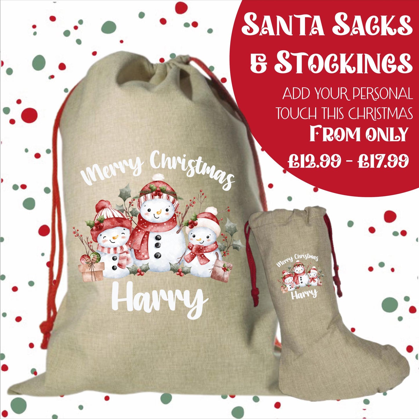 Personalised Santa Sack and Stockings | Santa Sack | Santa Stocking | Presents | Xmas | Gifts | Customise Name | Snow Men