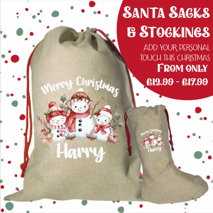 Personalised Santa Sack and Stockings | Santa Sack | Santa Stocking | Presents | Xmas | Gifts | Customise Name | Snow Men