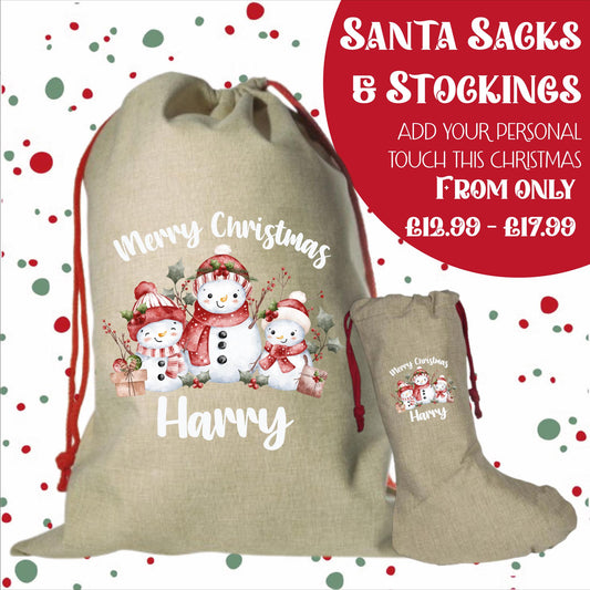 Personalised Santa Sack and Stockings | Santa Sack | Santa Stocking | Presents | Xmas | Gifts | Customise Name | Snow Men