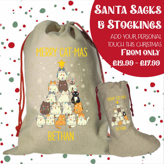 Personalised Santa Sack and Stockings | Santa Sack | Santa Stocking | Presents | Xmas | Gifts | Customise Name | Merry Catmas