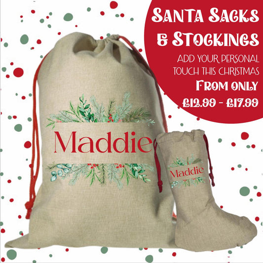 Personalised Santa Sack and Stockings | Santa Sack | Santa Stocking | Presents | Xmas | Gifts | Customise Name | Wreath Frame