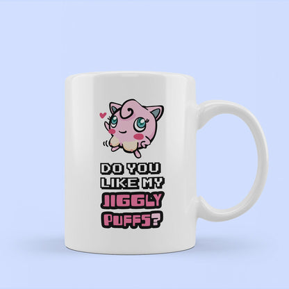 silly pokemon mug. text reads do you like my jigglypuffs. image of a pokemon with breasts