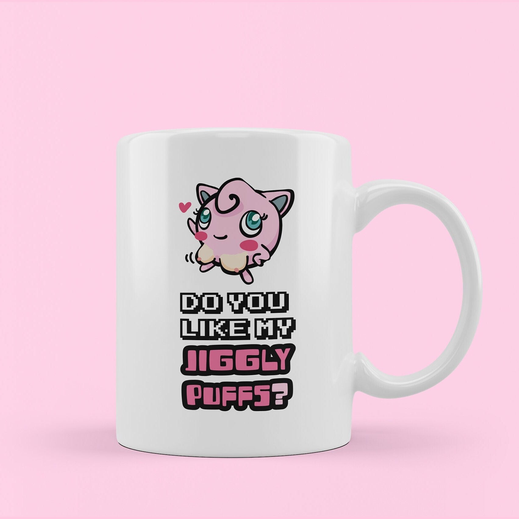 rude explicit pokemon meme mug. pokemon with breasts exposed. text reads do you like my jigglypuffs