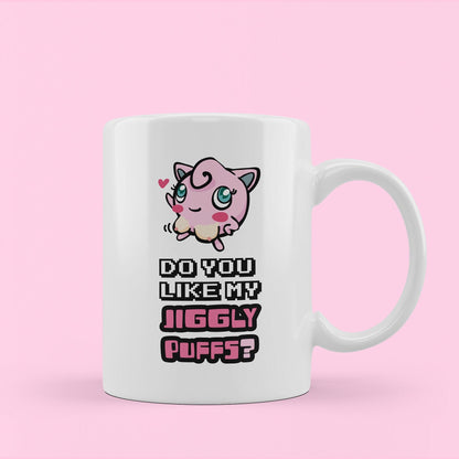 rude explicit pokemon meme mug. pokemon with breasts exposed. text reads do you like my jigglypuffs